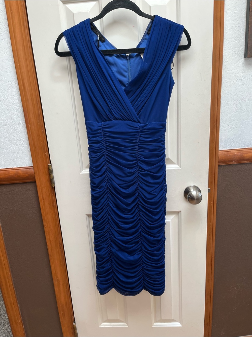 Tadashi Shoji Royal Blue Ruched V-Neck Midi Dress